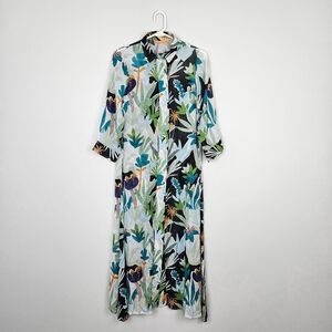 Oliphant Tropical Print Button-up Sheer Shirt Dress